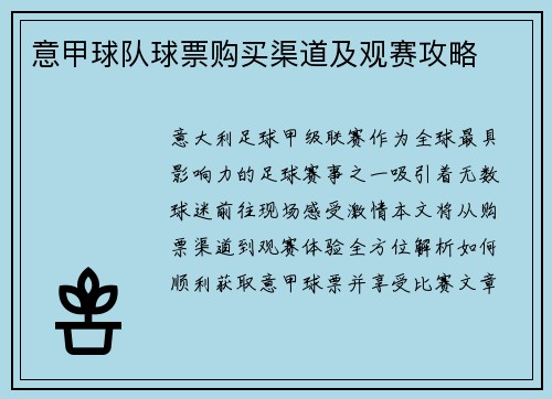 意甲球队球票购买渠道及观赛攻略